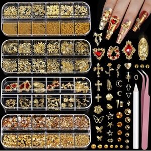 Gold and Red Nail Art Decoration Set 4 boxes of nail charms jewels supplies